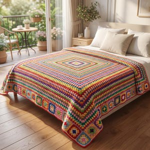 May include: A colorful, handmade crochet blanket with a square pattern, displayed on a bed. The blanket features a vibrant array of colors, including red, yellow, green, and blue. The blanket's dimensions are approximately 70 inches by 80 inches.