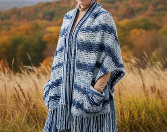 Striped Pocket Shawl Pattern PDF, Textured Fringe Wrap, Intermediate Instant Download