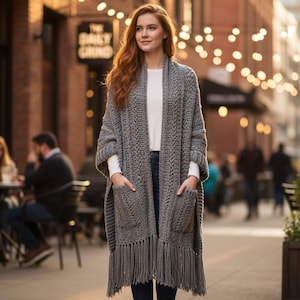 Chunky Boho Pocket Shawl Crochet Pattern PDF – Fringe Wrap, Easy DIY Knit