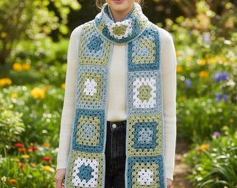 Granny Square Scarf Pattern PDF, Colorful Boho Wrap, Intermediate Instant Download