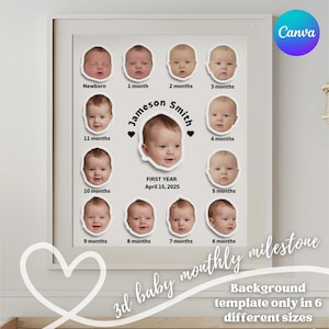 Colagem de fotos 3D mensal do bebê, lembrança do primeiro ano, presente personalizado para meninas, lembranças personalizadas para bebês meninos.