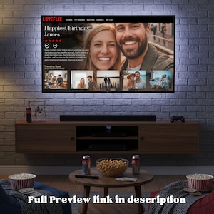 May include: A living room scene with a large TV displaying a streaming service interface. The screen shows a movie titled "Happiest Birthday James." A wooden entertainment center holds a soundbar and a game console. Popcorn, drinks, and bean bag chairs complete the cozy setup.