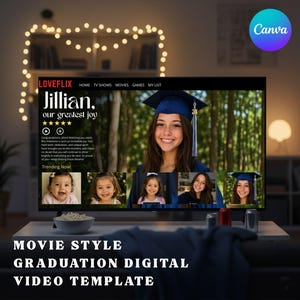 May include: A digital video template displayed on a television screen featuring a movie-style interface titled LOVEFLIX. The screen shows a graduation theme with a portrait of a graduate in a cap and gown, alongside smaller photos of a child.