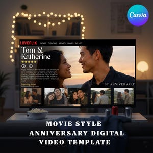 Peut inclure: Un modèle de vidéo numérique affiché sur un écran de télévision intitulé LOVEFLIX, présentant une interface personnalisée avec le texte Tom & Katherine, cinq étoiles et plusieurs vignettes photo d'un couple pour un anniversaire.