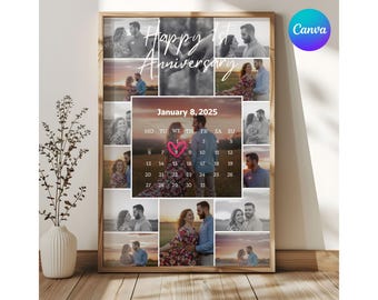 Colagem de presente de 1º aniversário para impressão Presente de aniversário para namorado e marido Presentes personalizados com fotos Polaroid Modelo de aniversário personalizado Canva