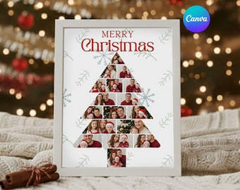 Weihnachtscollage-Fotorahmen, Weihnachtsbaum-Collage, individuelle Familienfoto-Weihnachtsgeschenke, Bilderrahmen mit Weihnachtserinnerungen, Canva-Vorlage