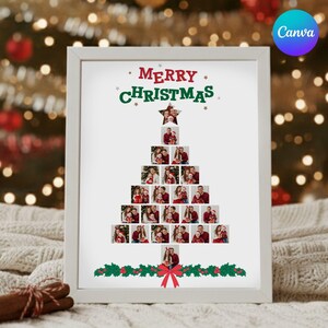 May include: A framed Christmas tree photo collage with the words "Merry Christmas" at the top. The tree is composed of family photos, with a star at the top and a red bow at the base. The background is blurred with Christmas lights.