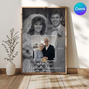May include: A framed black and white wedding anniversary print. The print features a vintage photo of a couple, with a smaller photo of the couple in their later years. Text reads "40th Year Wedding Anniversary" with the names and date.