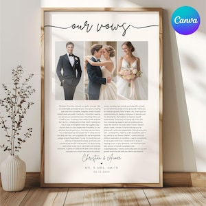 May include: A framed wedding vows print featuring three photos of a couple, with the words "our vows" at the top. The names "Christian & Aimee" and the date are printed at the bottom. The print is in a wooden frame.