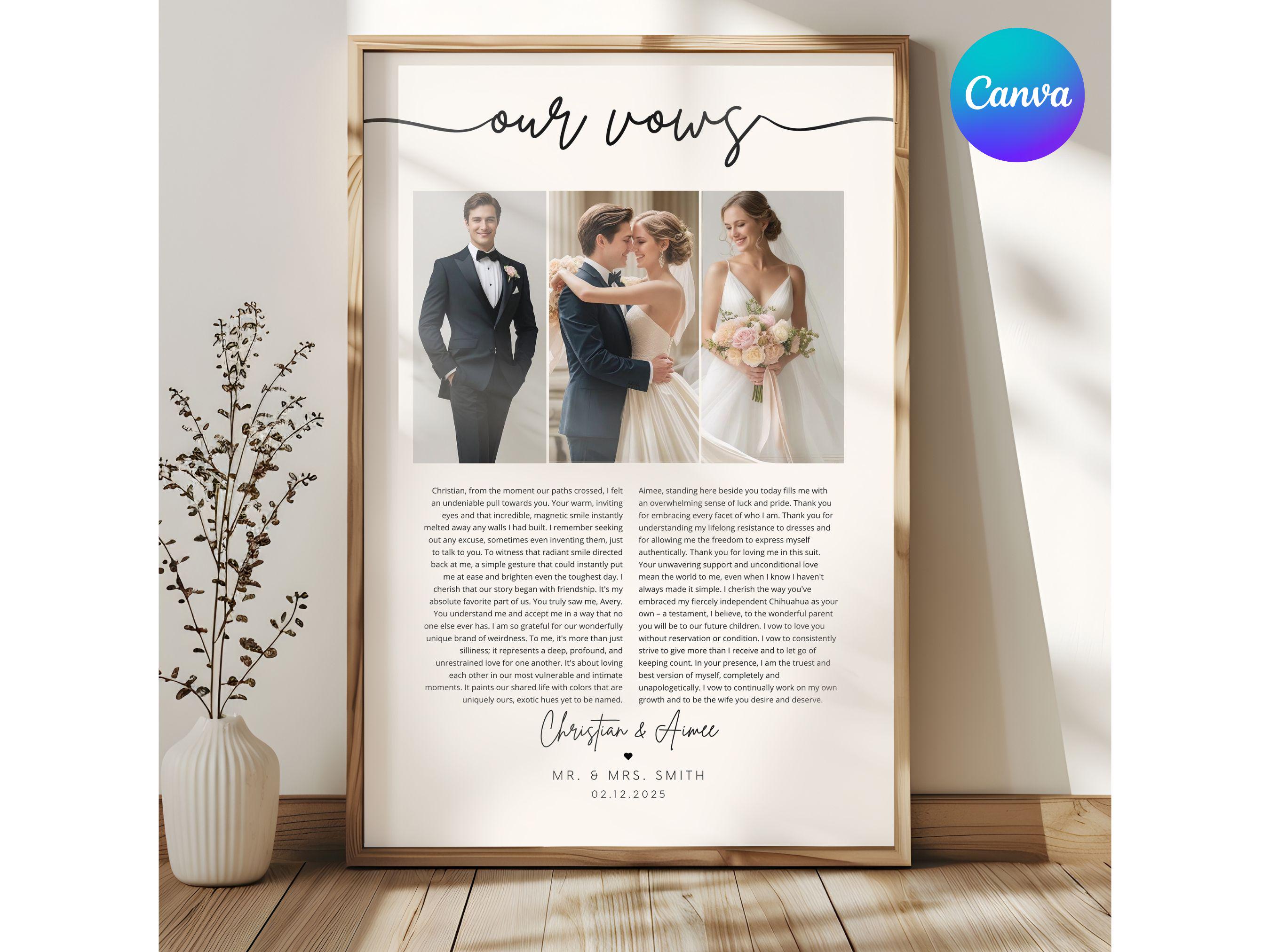 Votos de casamento personalizados para impressão, modelos de votos de casamento para ele e para ela, colagem de fotos de aniversário de casamento, arte de parede de votos, presente de aniversário