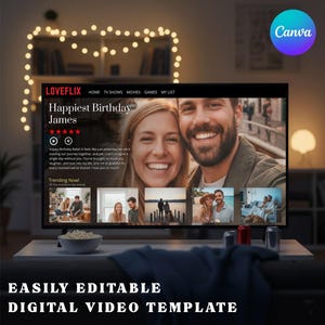 May include: A television screen displays a "LOVEFLIX" interface with the text "Happiest Birthday James." Below the screen, the text reads "EASILY EDITABLE DIGITAL VIDEO TEMPLATE." The Canva logo is visible in the upper right corner. The scene is set in a living room with string lights.