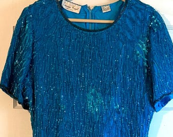 Laurence Kazar Vintage Blue Green Cocktail Dress