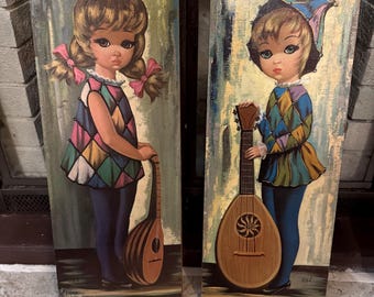 Vintage 1960s pair of Eden Moppet harlequin children 10x24