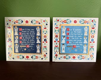 Pair of unique Berggren hand screened Scandinavian folk art tiles