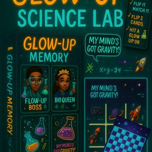 Juego de laboratorio de ciencias Glow-Up: memoria, tres en raya y damas para niños. Un regalo inteligente, divertido y personalizable.