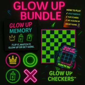 Pacchetto di giochi Glow Up - Dama personalizzata, tris e carte di memoria - Set regalo neon per bambini, adolescenti, aule e feste