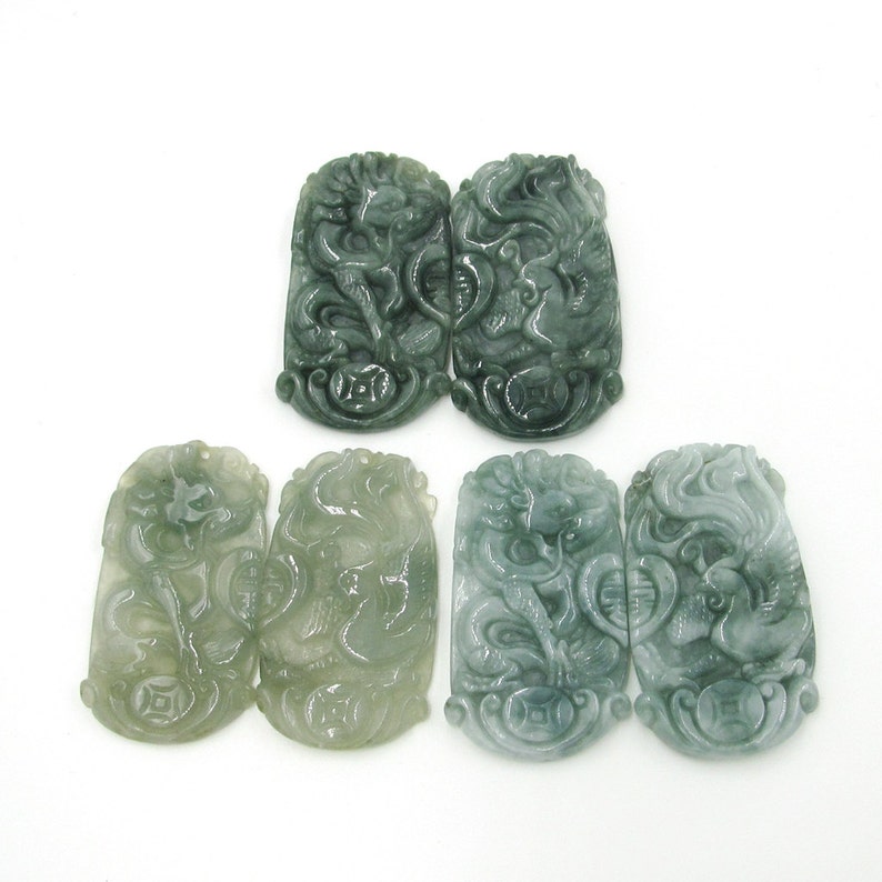 Pair Of Natural Jadeite Gem Lucky Dragon Phoenix Love Pendant Talisman 38mm*21mm Cy113