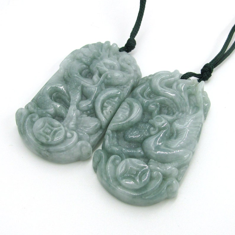 Pair Of Natural Jadeite Gem Lucky Dragon Phoenix Love Pendant Talisman 38mm*21mm Cy113