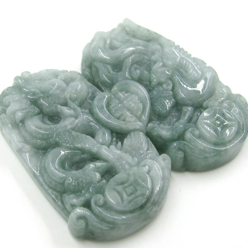 Pair Of Natural Jadeite Gem Lucky Dragon Phoenix Love Pendant Talisman 38mm*21mm Cy113