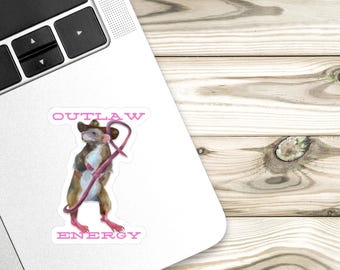 May include: A sticker featuring a watercolor illustration of a rat wearing a cowboy hat and holding a pink lasso. The words "OUTLAW ENERGY" are printed in pink above and below the rat. The sticker is on a white laptop.