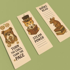 Może przedstawiać: Trzy zakładki do książek w stylu steampunk. Jedna przedstawia buldoga w okularach z napisem "TURN THE COGS, TURN THE PAGE". Kolejna przedstawia kota czytającego książkę z napisem "STEAM POWER". Ostatnia przedstawia mysz na książkach z napisem "BOOKS READ".
