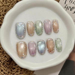 Glass Bead Cat Eye Nail / hand painted nails /custom press on nails/ hand made Press on Nails/Faux Acrylic Nails/ Gel Nails/Press on Nail