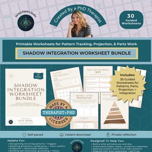 Op de afbeelding: Een digitaal pakket van 30 printbare werkbladen voor schaduwintegratie met titels zoals Shadow Integration Worksheet Bundle, 30-Day Awareness en The Cost of Being Seen. De beige pagina's bevatten donkere tekst en een piramidediagram.