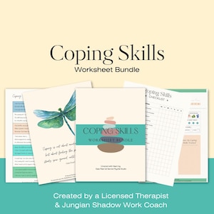 May include: A collection of coping skills worksheets. The main worksheet cover displays "Coping Skills Worksheet Bundle" and a stone stack. Other worksheets feature a dragonfly illustration and a checklist.