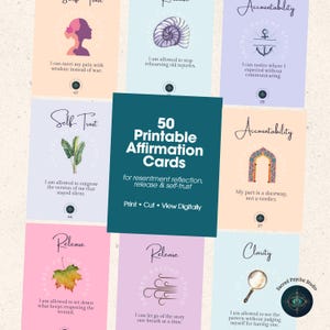 May include: A collection of 50 printable affirmation cards featuring pastel backgrounds, various illustrations like a seashell, anchor, and leaf, and text including "50 Printable Affirmation Cards" and "Sacred Psyche Studio" on each card.