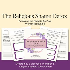 以下が含まれることがあります： 「The Religious Shame Detox: Releasing the Need to Be Pure」というタイトルのワークシートバンドル。表紙は紫と白のデザインで、花のアクセントが付いています。バンドルには、テキストとプロンプトを含むいくつかのワークシートが含まれています。