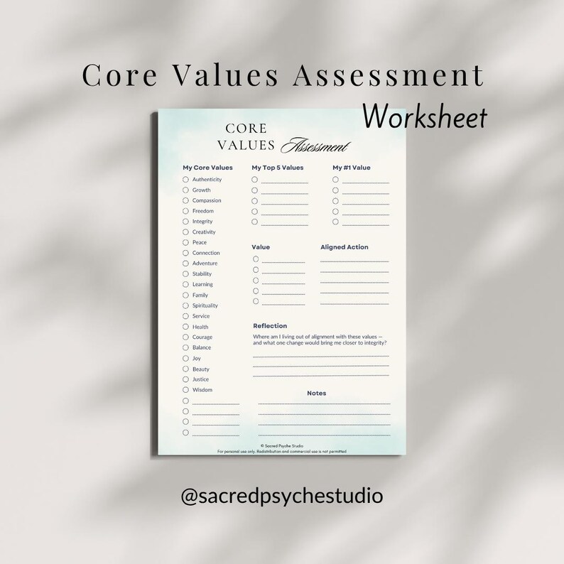 Core Values Assessment | Identify Your Values Worksheet | Therapy and ...