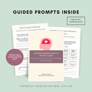 May include: A bundle of printable worksheets for decision-making clarity and intuitive logic. The worksheets include prompts and exercises to balance reason and intuition. The design is minimalist with text that reads "Guided Prompts Inside" and "Instant Download".
