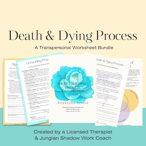 Op de afbeelding: Een werkbladbundel getiteld "Death & Dying Process" met een turquoise bloemenontwerp. De tekst bevat "A Transpersonal Worksheet Bundle" en "Worksheet Bundle". Gemaakt door een erkende therapeut & coach.