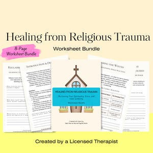 Może przedstawiać: Pakiet 8-stronicowych arkuszy roboczych zatytułowany "Healing from Religious Trauma". Okładka przedstawia ilustrację kościoła i tekst "Reclaiming Your Spirituality, Voice, and Inner Authority". Arkusze robocze do autorefleksji.