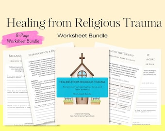 Puede incluir: Un paquete de hojas de trabajo de 8 páginas titulado "Sanando del Trauma Religioso". La portada presenta una ilustración de una iglesia y el texto "Recuperando tu espiritualidad, voz y autoridad interior".