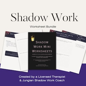 May include: A bundle of worksheets titled "Shadow Work Mini Worksheets" with a black cover and a lantern graphic. Several white worksheets with text are included. The title "Shadow Work" is displayed at the top.