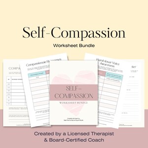 Könnte beinhalten: Ein Bündel von Arbeitsblättern zum Thema Selbstmitgefühl. Das Cover zeigt die Worte "Self-Compassion Worksheet Bundle" mit einem rosa Herzdesign. Zusätzliche Arbeitsblätter sind sichtbar, mit Texten wie "Compassionate Responses" und "Harsh Inner Voice Awareness".