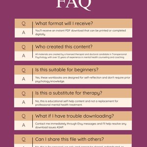 May include: A purple and white FAQ graphic from Sacred Psyche Studio. The graphic includes questions and answers about the format, creator, suitability for beginners, and sharing of digital workbooks. The graphic also includes the Etsy shop's social media handle.