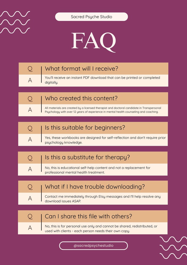May include: A purple and white FAQ graphic from Sacred Psyche Studio. The graphic includes questions and answers about the format, creator, suitability for beginners, and sharing of digital workbooks. The graphic also includes the Etsy shop's social media handle.