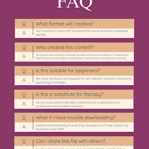 May include: A purple and white FAQ graphic from Sacred Psyche Studio. The graphic includes questions and answers about digital downloads, content creators, beginner suitability, therapy substitution, download issues, and file sharing.