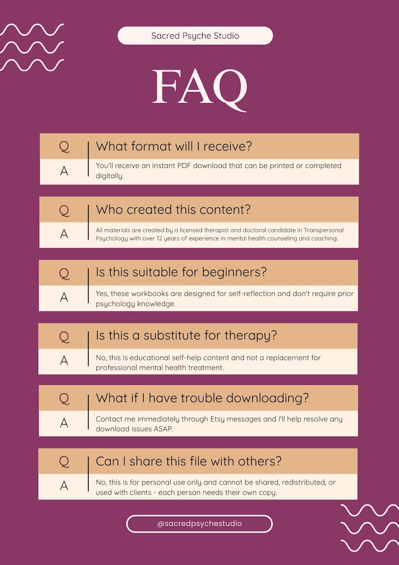May include: A purple and white FAQ graphic from Sacred Psyche Studio. The graphic includes questions and answers about digital downloads, content creators, beginner suitability, therapy substitution, download issues, and file sharing.