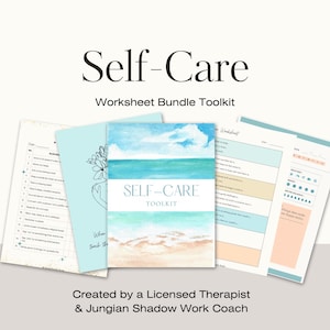 May include: A collection of self-care worksheets and a toolkit. The cover of the toolkit features a watercolor painting of a beach scene. The text "Self-Care" and "Worksheet Bundle Toolkit" are displayed at the top.
