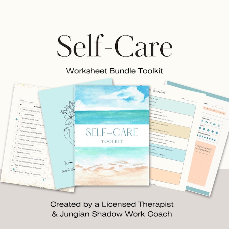 May include: A collection of self-care worksheets and a toolkit. The cover of the toolkit features a watercolor painting of a beach scene. The text "Self-Care" and "Worksheet Bundle Toolkit" are displayed at the top.