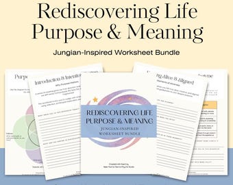Może przedstawiać: Zestaw arkuszy roboczych zatytułowanych "Rediscovering Life Purpose & Meaning" w stylu jungowskim. Okładka zawiera akwarelowy wzór w odcieniach fioletu i niebieskiego. Arkusze robocze są przeznaczone do autorefleksji i rozwoju osobistego.