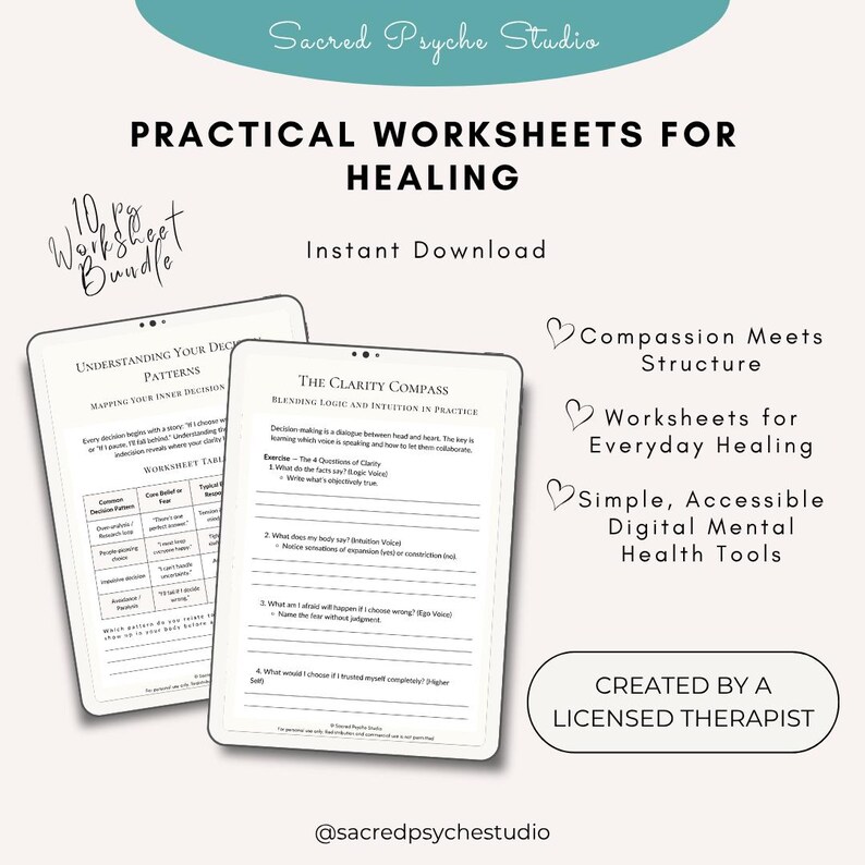 May include: Digital worksheets for healing, featuring the text "Practical Worksheets for Healing" and "Instant Download." The image includes two tablets displaying worksheet pages with prompts and the text "The Clarity Compass."
