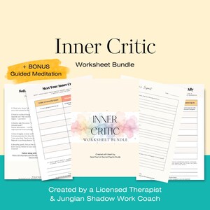 Könnte beinhalten: Ein Arbeitsblatt-Bundle mit dem Titel "Inner Critic Worksheet Bundle" mit einem Bonus-geführten Meditation. Die Arbeitsblätter haben ein weiches Pastellfarbschema und enthalten den Text "Meet Your Inner Critic" und "Ally". Das Bundle wurde von einem zugelassenen Therapeuten und Jungian Shadow Work Coach erstellt.