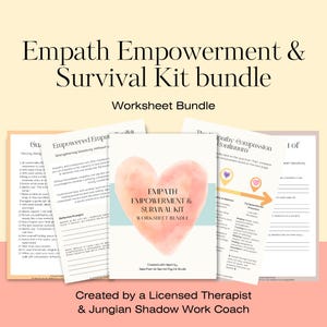 Puede incluir: Un paquete de hojas de trabajo titulado "Empath Empowerment & Survival Kit" con un diseño de corazón en acuarela. Las hojas de trabajo incluyen texto sobre empatía, compasión y autocuidado, con el texto "Worksheet Bundle" en la parte superior.