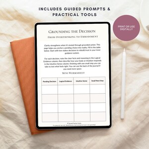 May include: A digital worksheet titled "Grounding the Decision" with prompts and practical tools. The worksheet is on a tablet next to an orange notebook and a white stylus. The text includes "Includes Guided Prompts & Practical Tools" and "Print or Use Digitally."