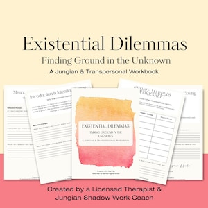 Puede incluir: Un cuaderno de trabajo titulado "Existential Dilemmas: Finding Ground in the Unknown". La portada presenta una acuarela en tonos naranja y rosa. Páginas adicionales muestran indicaciones y hojas de trabajo para la autorreflexión. Creado por un terapeuta licenciado.