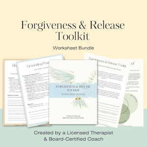 Może przedstawiać: Zestaw arkuszy roboczych zatytułowanych "Forgiveness & Release Toolkit" i "Worksheet Bundle". Okładka przedstawia ilustrację gołębia. Tekst zawiera "Created by a Licensed Therapist & Board-Certified Coach."